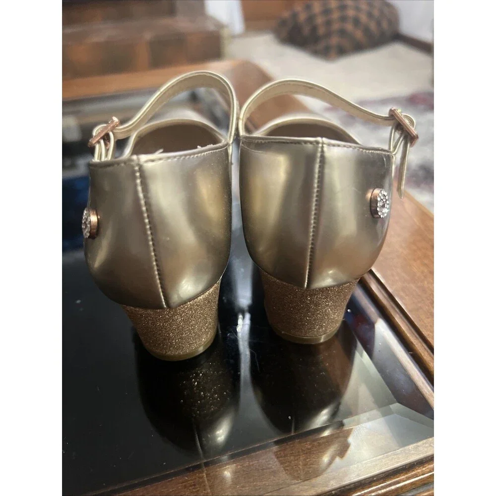Nine West Mary Jane Heels Kids Size 13 Champagne Gold Glitter Buckle Dress Shoes